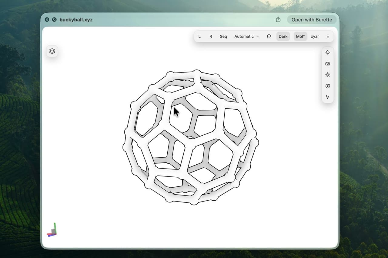 A Burette Finder Quick Look window previewing a molecular structure.