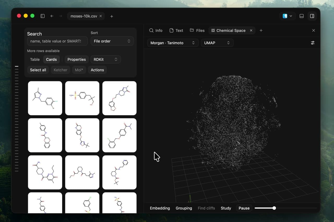 Chemical Space showing a molecular similarity map beside the collection.